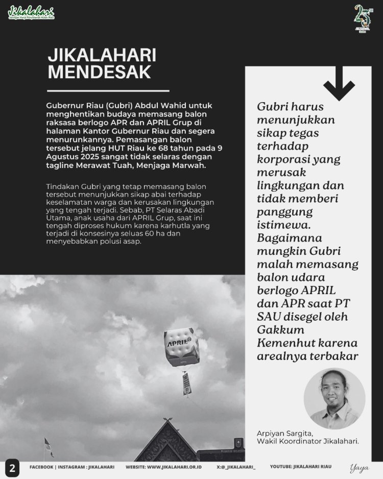 Perusak Lingkungan, Jikalahari Desak Gubri Hentikan Budaya Pasang Balon Berlogo APRIL Group Di Tuah Negeri