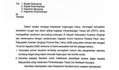 Plt Bupati Kuansing Surati Sijunjung-Dharmasraya, Minta PETI Ditertibkan Jelang Pacu Jalur