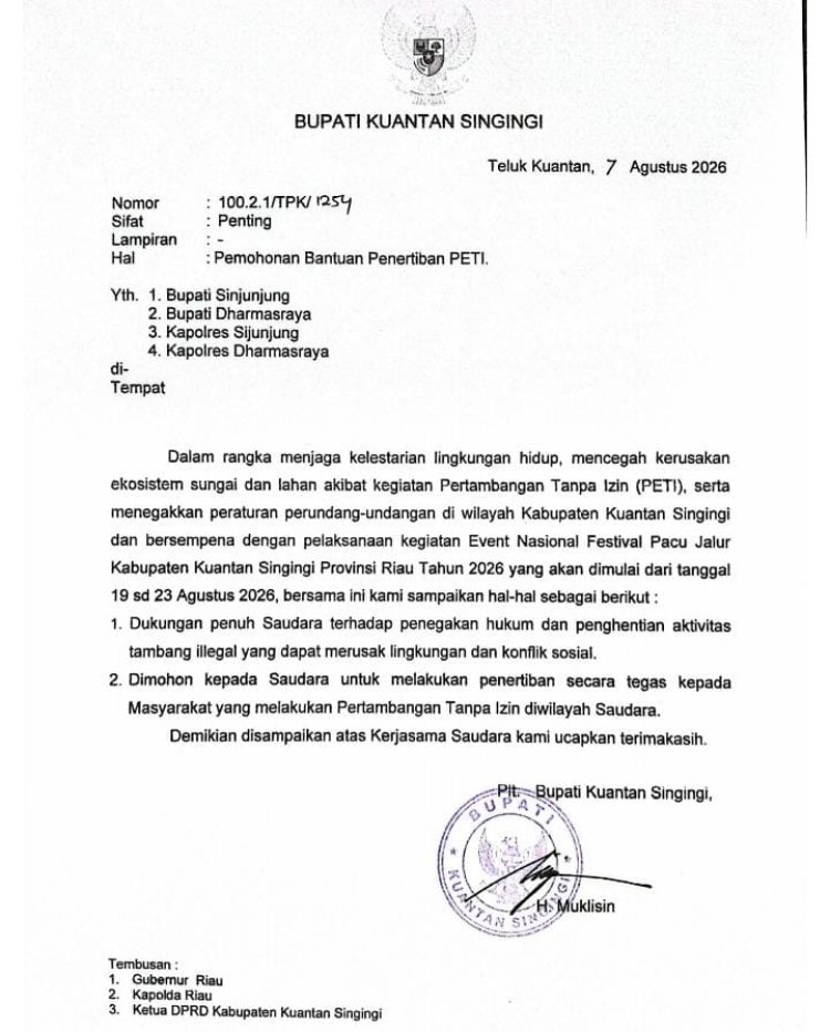 Plt Bupati Kuansing Surati Sijunjung-Dharmasraya, Minta PETI Ditertibkan Jelang Pacu Jalur