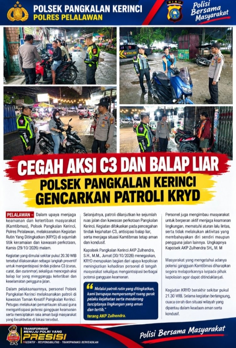 Cegah Aksi C3 dan Balap Liar, Polsek Pangkalan Kerinci Gencarkan Patroli KRYD